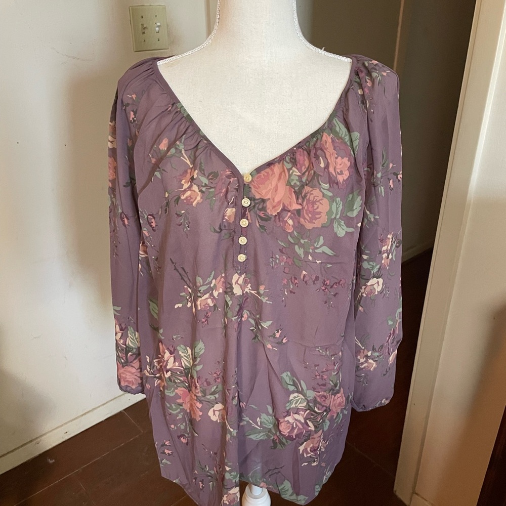 Chaps Ralph Lauren floral Blouse purple green cream sz 1X V Neck quarter sleeve - Picture 5 of 16